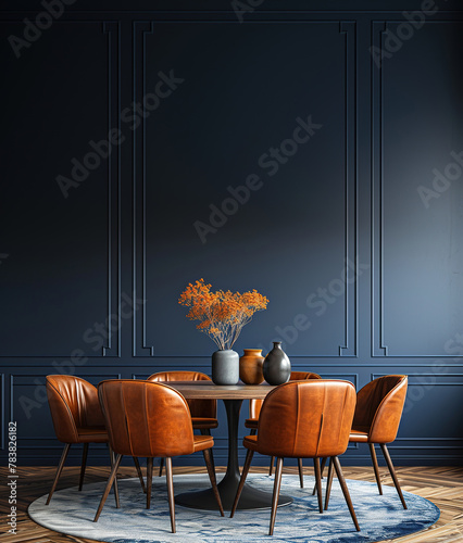 Interior design mockup of dining room with blank dark blue wall