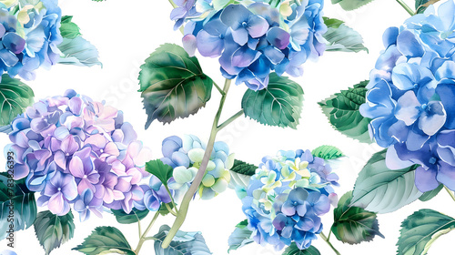 Watercolor Hydrangea Pattern with Blue and Purple Blooms and Green Leaves on White Background photo