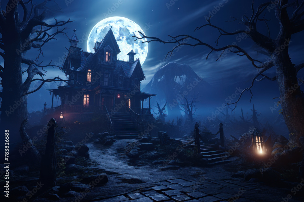 Haunted House on a Hill with a Full Moon in a Spooky Night Sky