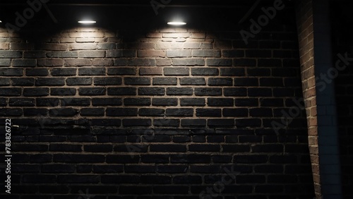 wall with spotlight Abstract Black brick wall texture for pattern background. wide panorama picture Black brick wall. Background of empty brick basement wall