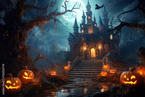 Haunted Castle and Jack-o'-lanterns on a Spooky Halloween Night