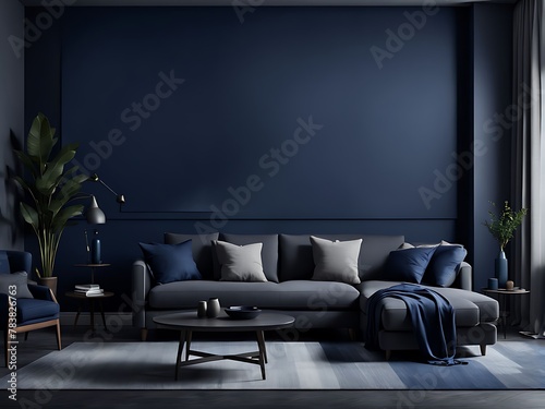  A living room or business lounge designed in deep, dark colours featuring a combination of navy blue and grey design. The empty wall serves as a mockup, allowing for a painted background design.  photo