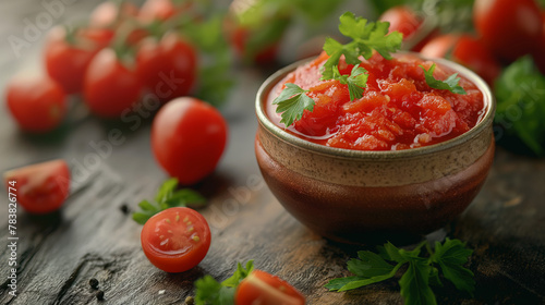 Freshly extracted tomato puree in a bowl, surrounded by fresh tomatoes on a kitchen counter photo