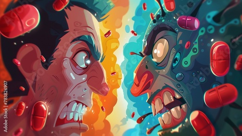 Cartoon showdown, pill hero vs virus villain, dramatic face-off, saturated colors, intense close-up angle