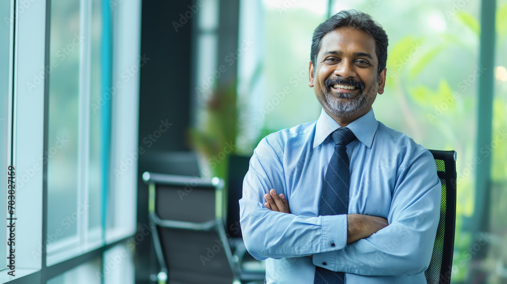 A smiling middle-aged Indian manager stands with crossed arms in a modern office, exuding confidence and professionalism