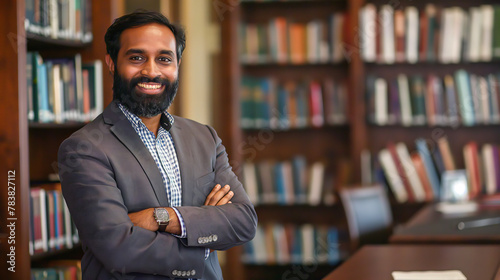 Smiling Bearded Indian Businessman standing cross-arm in Study Environment