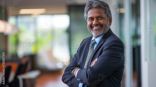 A smiling middle-aged Indian manager stands with crossed arms in a modern office, exuding confidence and professionalism