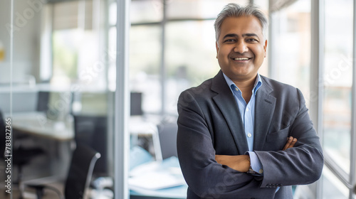 A smiling middle-aged Indian manager stands with crossed arms in a modern office, exuding confidence and professionalism