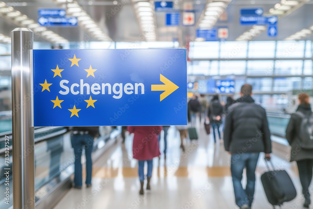 Fototapeta premium Blurred Crowd Walking Past Schengen Area Directional Sign in Airport