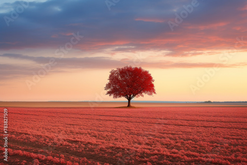 Solitary Tree in a Snowy Field at Red Twilight
