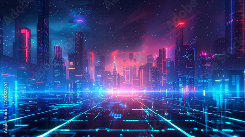 A cityscape with neon lights and a reflection of the city in a body of water. Scene is futuristic and vibrant
