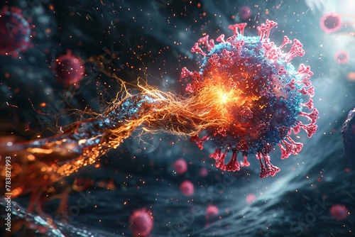 A powerful visualization of a virus particle connecting with a human cell, capturing the critical moment of cellular engagement
