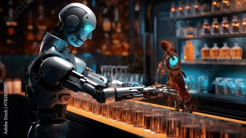 A robotic bartender expertly mixing and serving cocktails at a bustling bar, entertaining patrons with flair and precision. photo