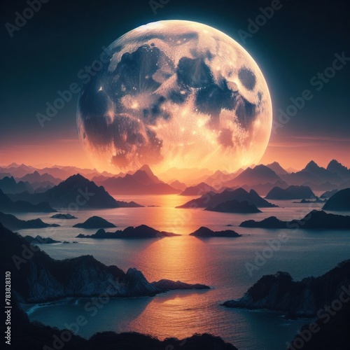 a large moon is over the ocean and mountains.