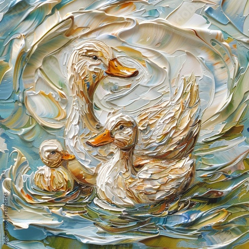 mother duck and 3 ducklings on a reedy pond sunny day a swirly Acrylic Impasto painting 3D brush strokes, realistic textures, pale colors photo