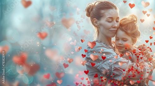 Woman holding child creatively made up of a multitude of smaller hearts in various shades of pinkred  photo