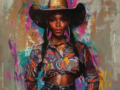 a beautiful black woman with chin length pigtail hair wearing a cowboy hat, she is wearing paisley print shirt photo