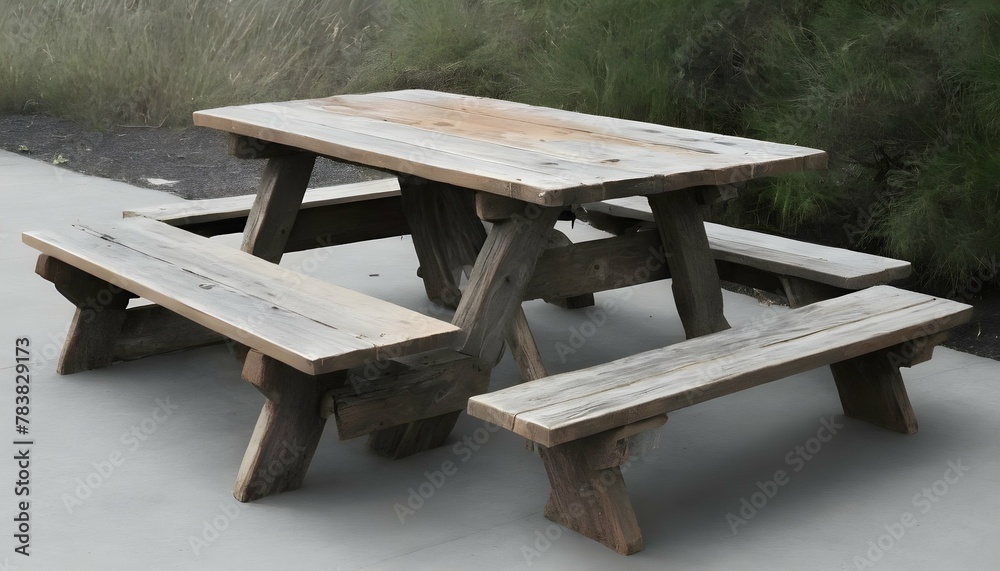 A Rustic Picnic Table With Benches Made From Recla