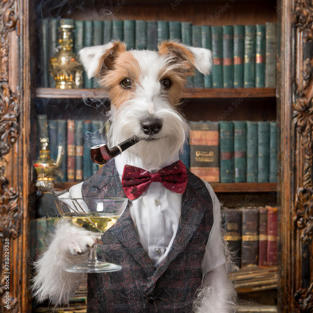 a well-mannered terrier wearing a smoking jacket  - obrazy, fototapety, plakaty 