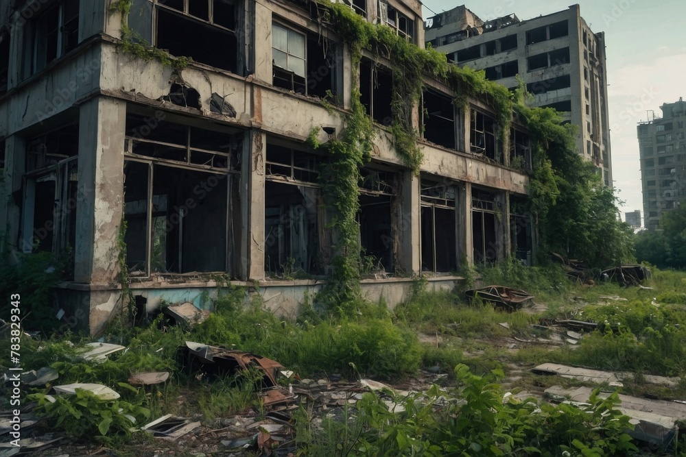 A post-apocalyptic world with crumbling buildings and overgrown vegetation, a reminder of the consequences of human actions
