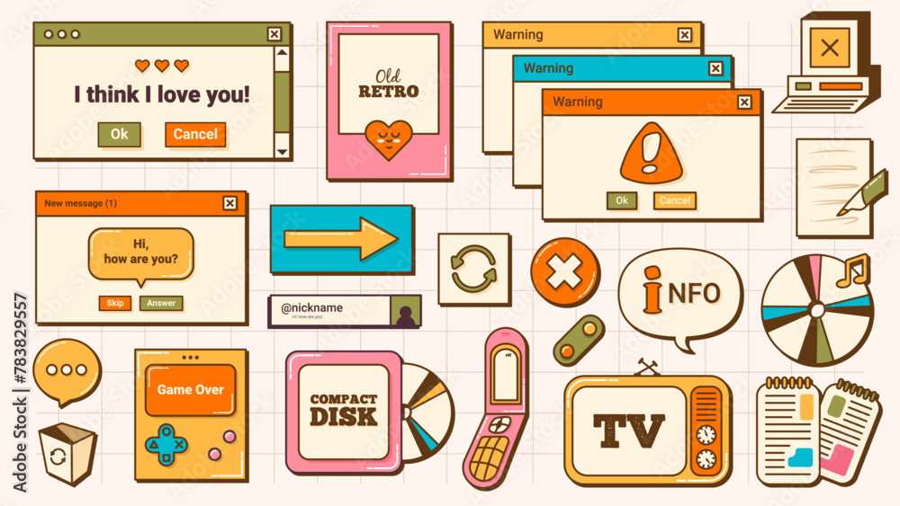 Set of Retro UI Elements and Icons in vintage colors. Old Computer Desktop Screen. Retro Vaporwave Vector Windows. Set of Retro UI Elements and Icons in vintage colors. Old Computer Desktop Screen. Retro Vaporwave Vector Windows.