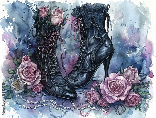 beautiful black high heel Victorian boots with fancy laces surrounded by roses and pearls, realistic watercolor illustration on a blue watercolor splash background, in the style of Terese Nielsen photo