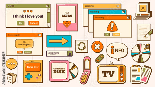 Set of Retro UI Elements and Icons in vintage colors. Old Computer Desktop Screen. Retro Vaporwave Vector Windows.