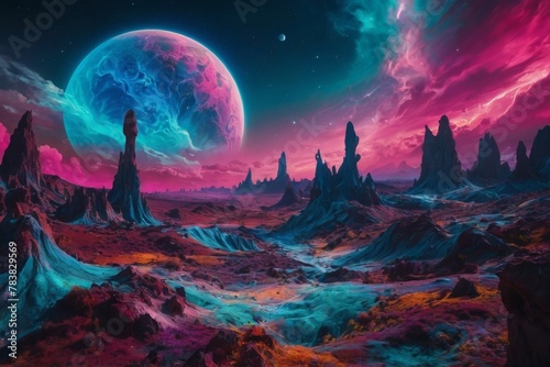 A vibrant, otherworldly planet with swirling clouds of neon colors and towering crystal formations © Angelina