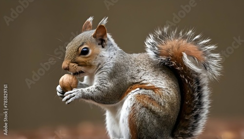A Squirrel With A Nut Tucked Into Its Fur #783829761
