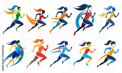 Set of runner athlete girl sport logo, icon illustration & clipart