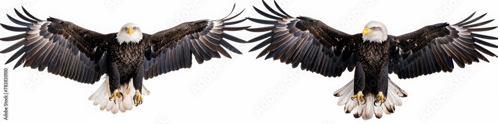 Fototapeta premium Set of four images of a bald eagle in different poses, flying and standing on a white background