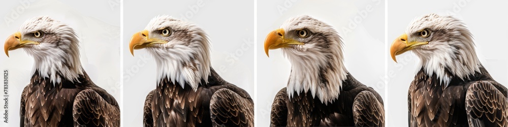Set of four images of a bald eagle in different poses, flying and standing on a white background Set of four images of a bald eagle in different poses, flying and standing on a white background