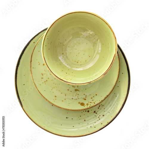 Top view of various green porcelain plates isolated on transparent background. Three plates including bowl, big and small dining plates