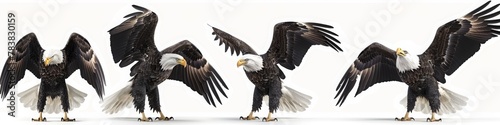 Set of four images of a bald eagle in different poses, flying and standing on a white background