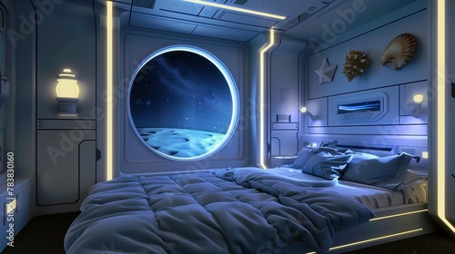 A sleeping pod of spaceship, in the style minimalism with blue beddings and light house and seashell decorations, deep space view outside big window