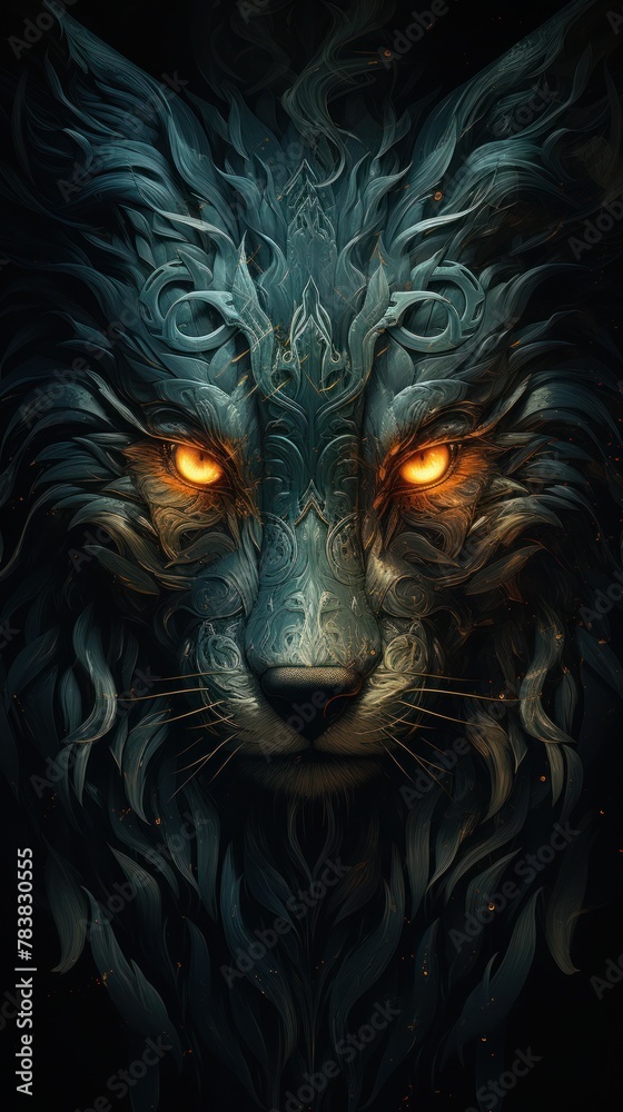 A dark, blue wolf with glowing orange eyes and Celtic inspired patterns on its fur. A dark, blue wolf with glowing orange eyes and Celtic inspired patterns on its fur.