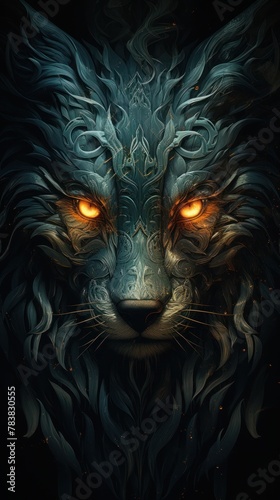 A dark  blue wolf with glowing orange eyes and Celtic inspired patterns on its fur.