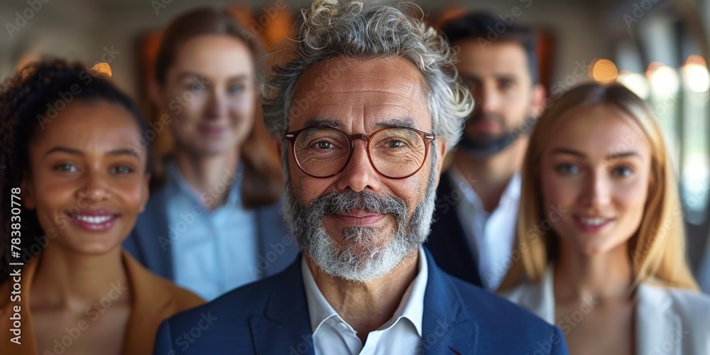 In a business portrait, a cheerful, mature leader stands confidently with his team. In a business portrait, a cheerful, mature leader stands confidently with his team.