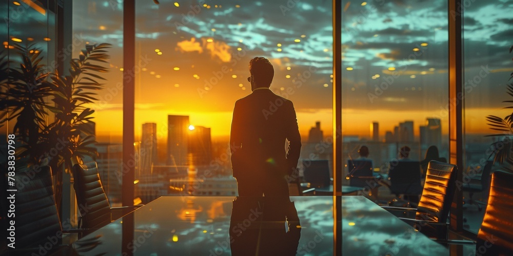 A silhouette of a businessman standing at office window in a modern skyscraper at sunset.