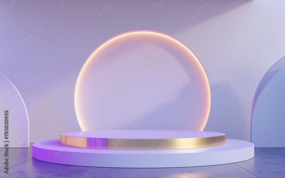 3D rendering sci-fi technology minimalist blue and gold stage podium with purple light. 3D rendering sci-fi technology minimalist blue and gold stage podium with purple light.