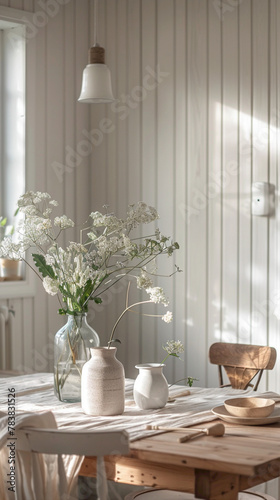 Close-up of a textured accent wall in a dining room, scandinavian style interior