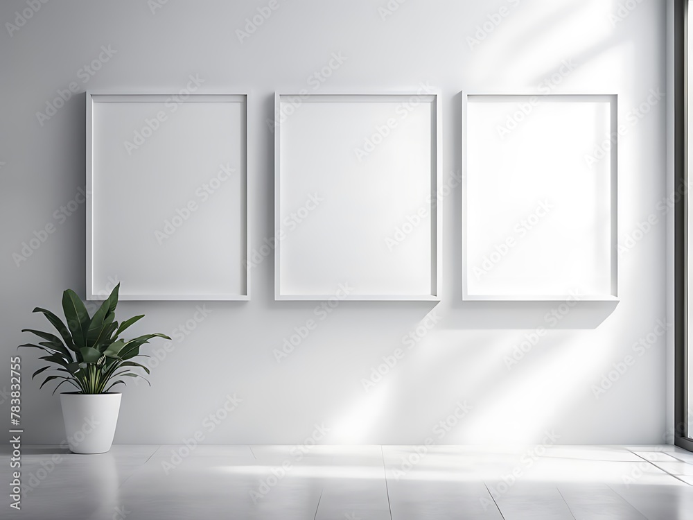 An empty white studio space with three poster frames standing on a spotless wall would provide a great backdrop for a mockup image design. An empty white studio space with three poster frames standing on a spotless wall would provide a great backdrop for a mockup image design.