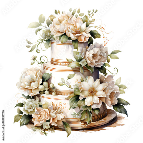 Elegant cake with cream and gold details, adorned with white flowers