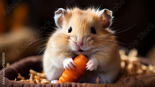 A satisfied hamster is gnawing on a carrot stick. photo