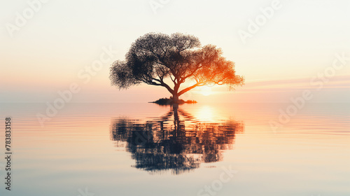 A tree is reflected in the water, with the sun setting in the background © Anek