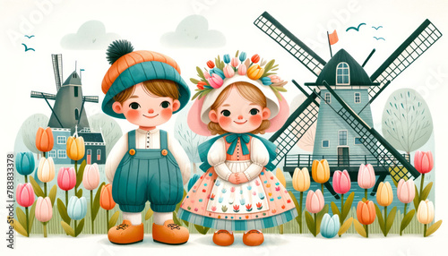 Girl and boy in traditional Dutch, Colorful illustration of cheerful children in Dutch traditional outfits surrounded by tulips and windmills.
