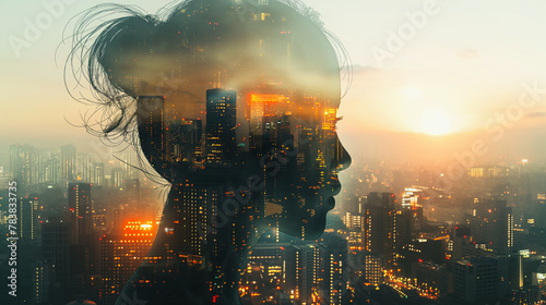 A woman's face is shown in a cityscape with a sunset in the background