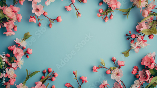 Spring pink flowers frame, space in the middle, blue background