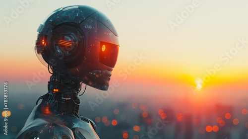 A robot with a helmet and a glowing red eye stands in front of a city skyline