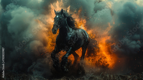 Black horse running in filed photo